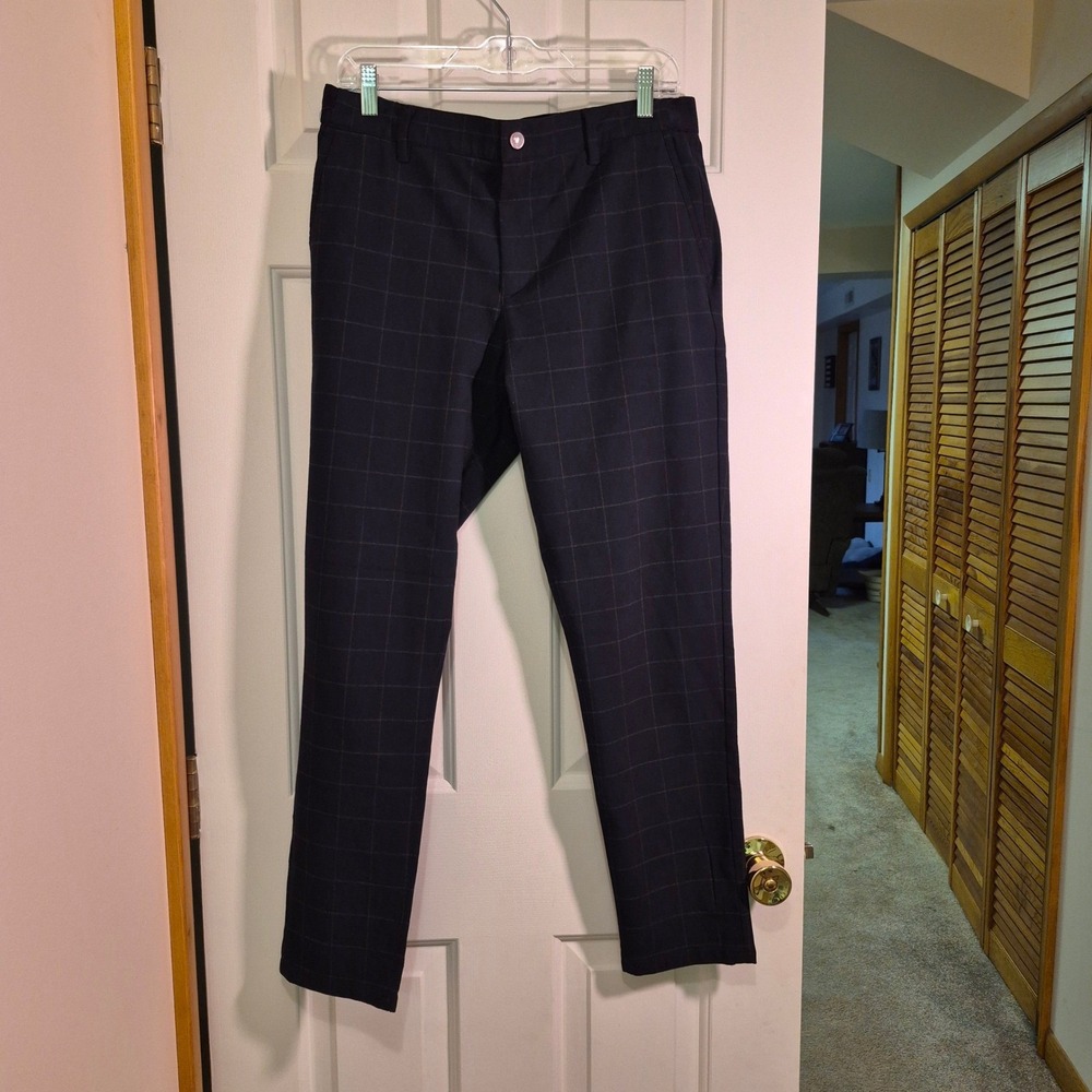 Zara Womens Navy Blue Windowpane Check Slim Trousers Size Medium Plaid Pants